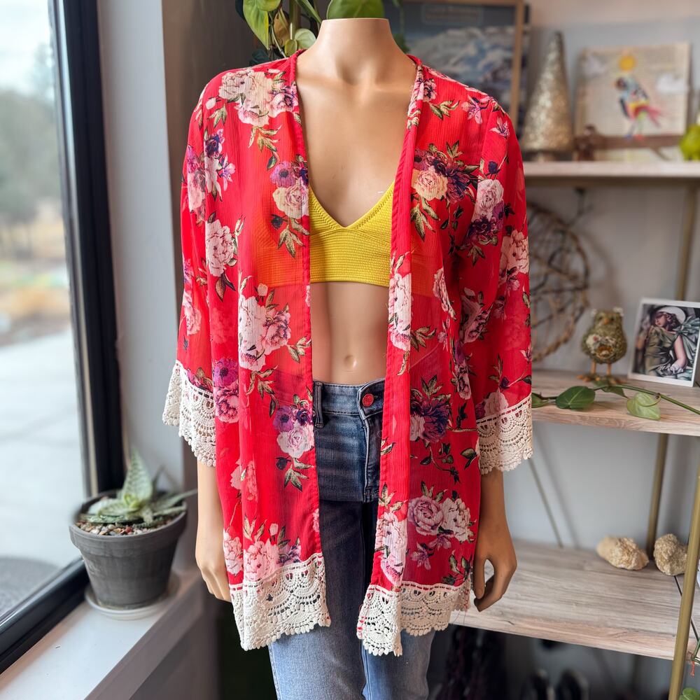 Rewind Red Floral Kimono Cardigan Sheer Lace Trim Boho Summer Women's Size Large
